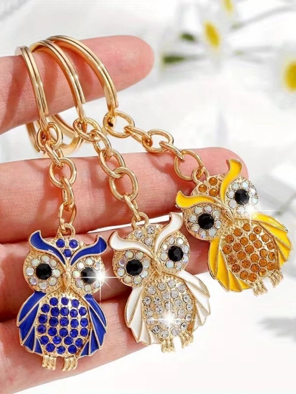 Ipc New Charming Owl Rhinestone Keychain/ Purse Charm~ Blue, Yellow, or White
